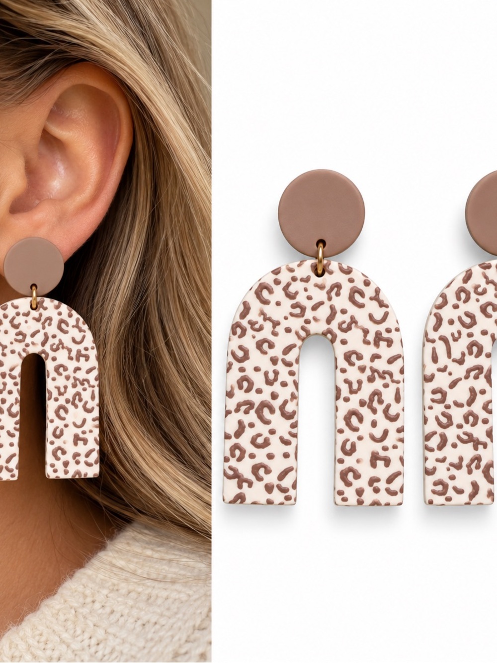 Boho Leopard Print Arch Dangle Earrings Neutral Brown Cream Statement